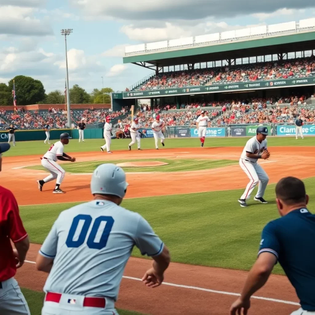 Youth baseball players in Rockford displaying teamwork on the field.
