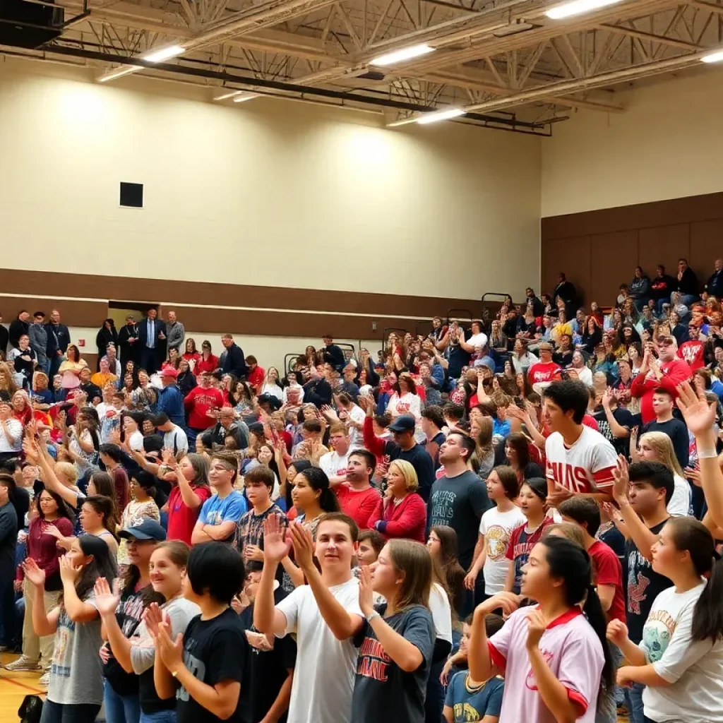 High school basketball game atmosphere with cheering crowd