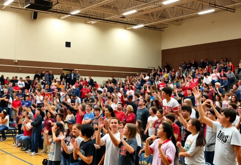 High school basketball game atmosphere with cheering crowd