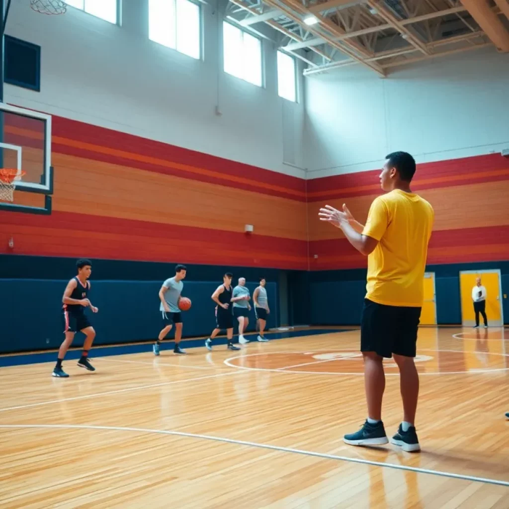 High school basketball team practicing on the court