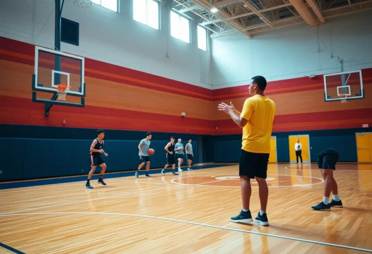 High school basketball team practicing on the court