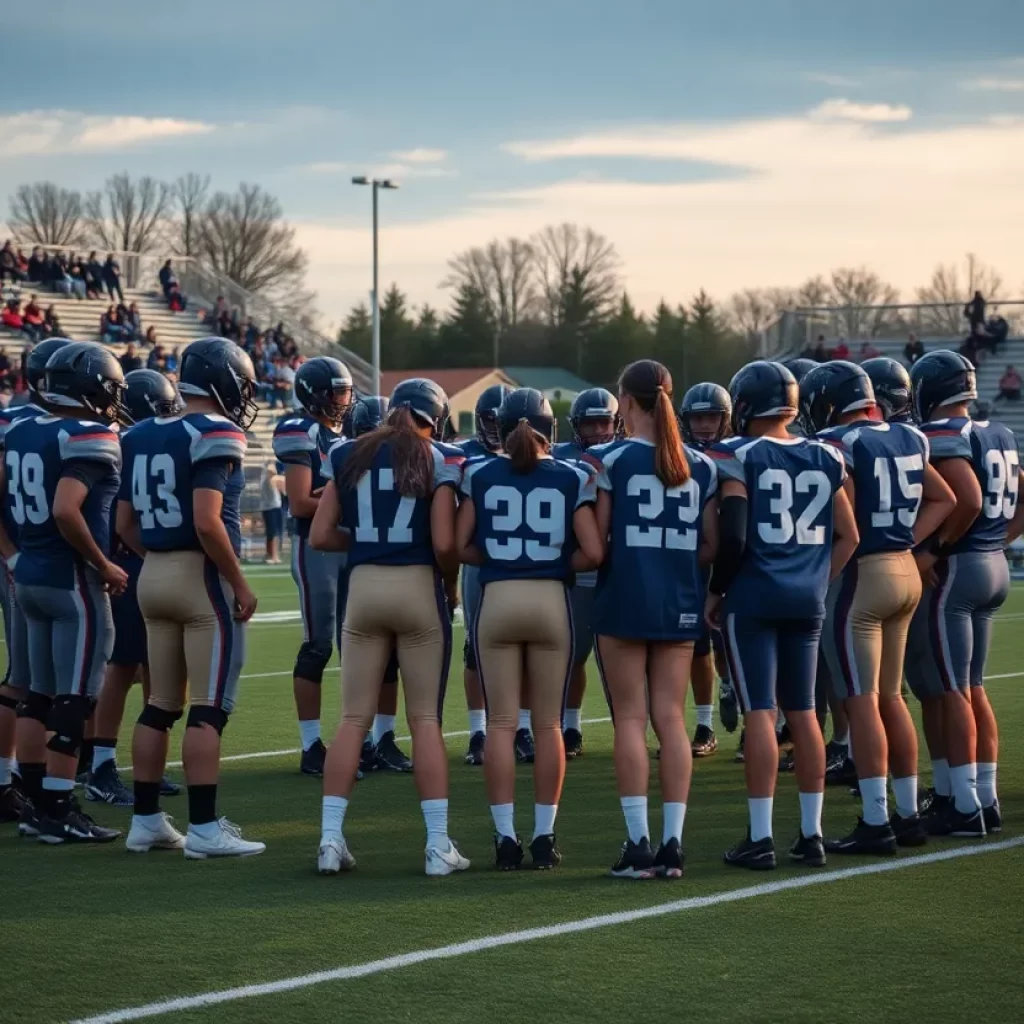 San Marcos Rattlers football team strategizing on the field