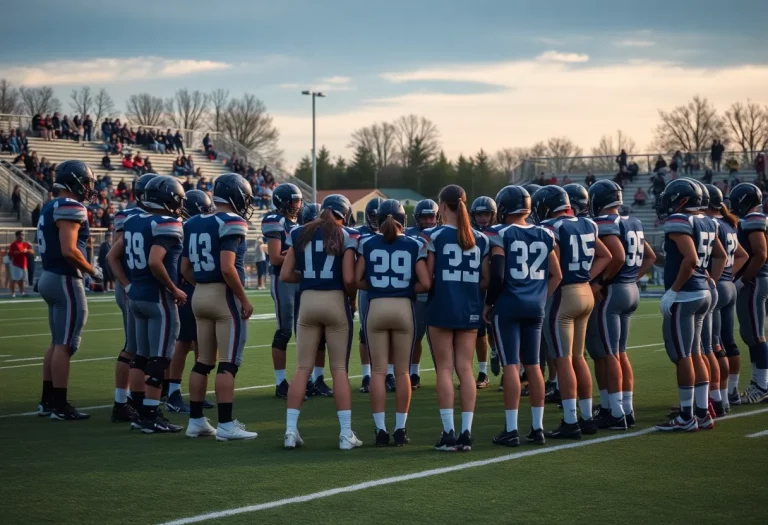 San Marcos Rattlers football team strategizing on the field