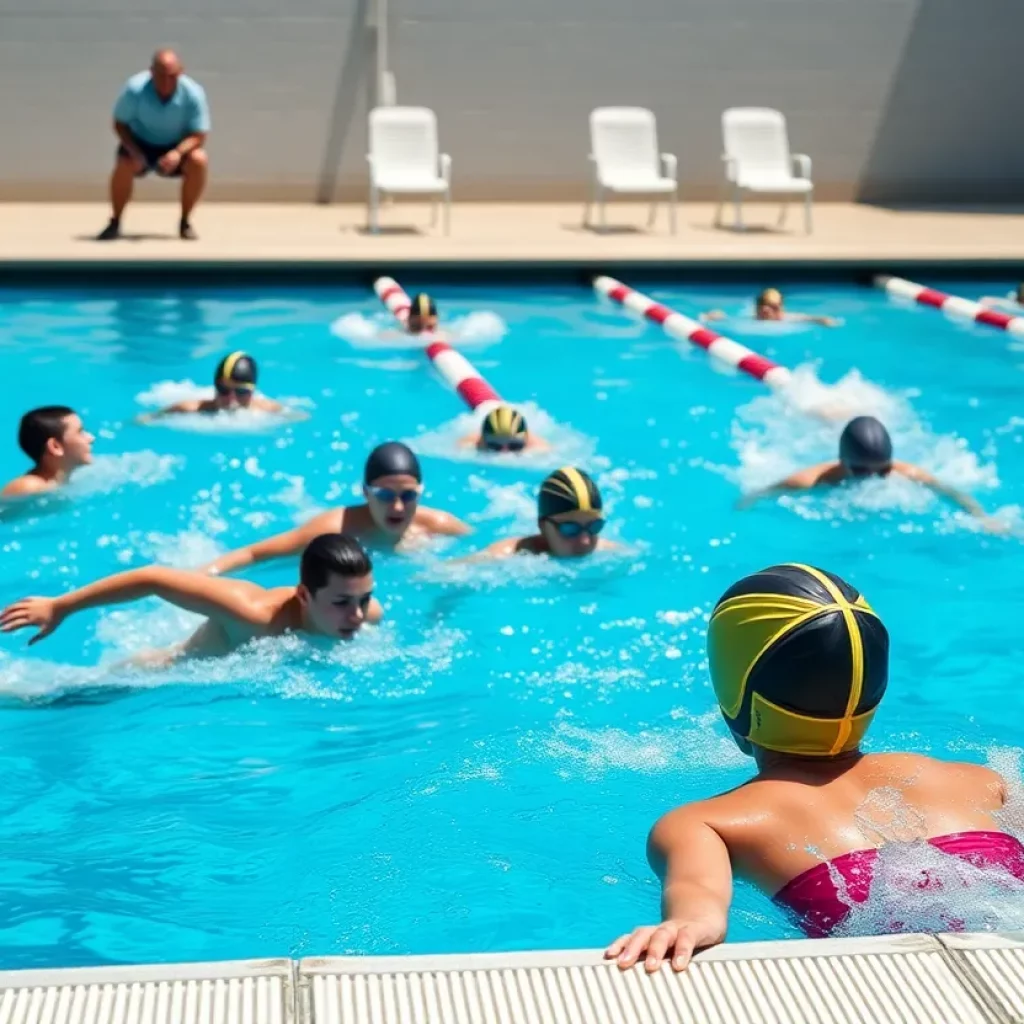 Swimmers from San Marcos High School practicing in a pool