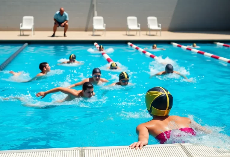 Swimmers from San Marcos High School practicing in a pool