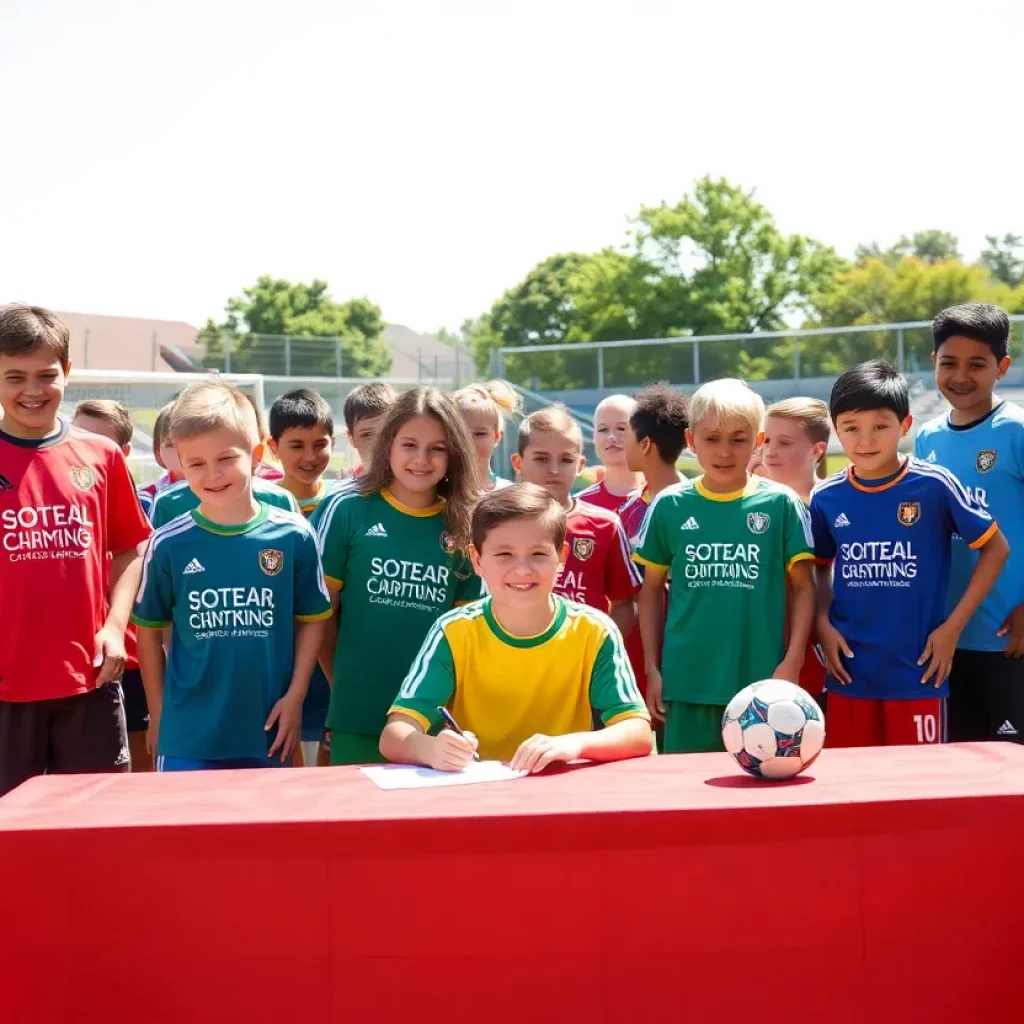 Young soccer athletes celebrating their college commitments.