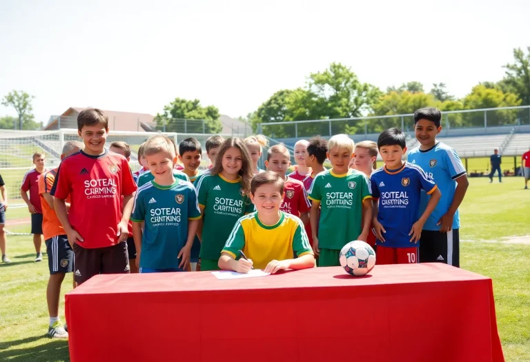 Young soccer athletes celebrating their college commitments.