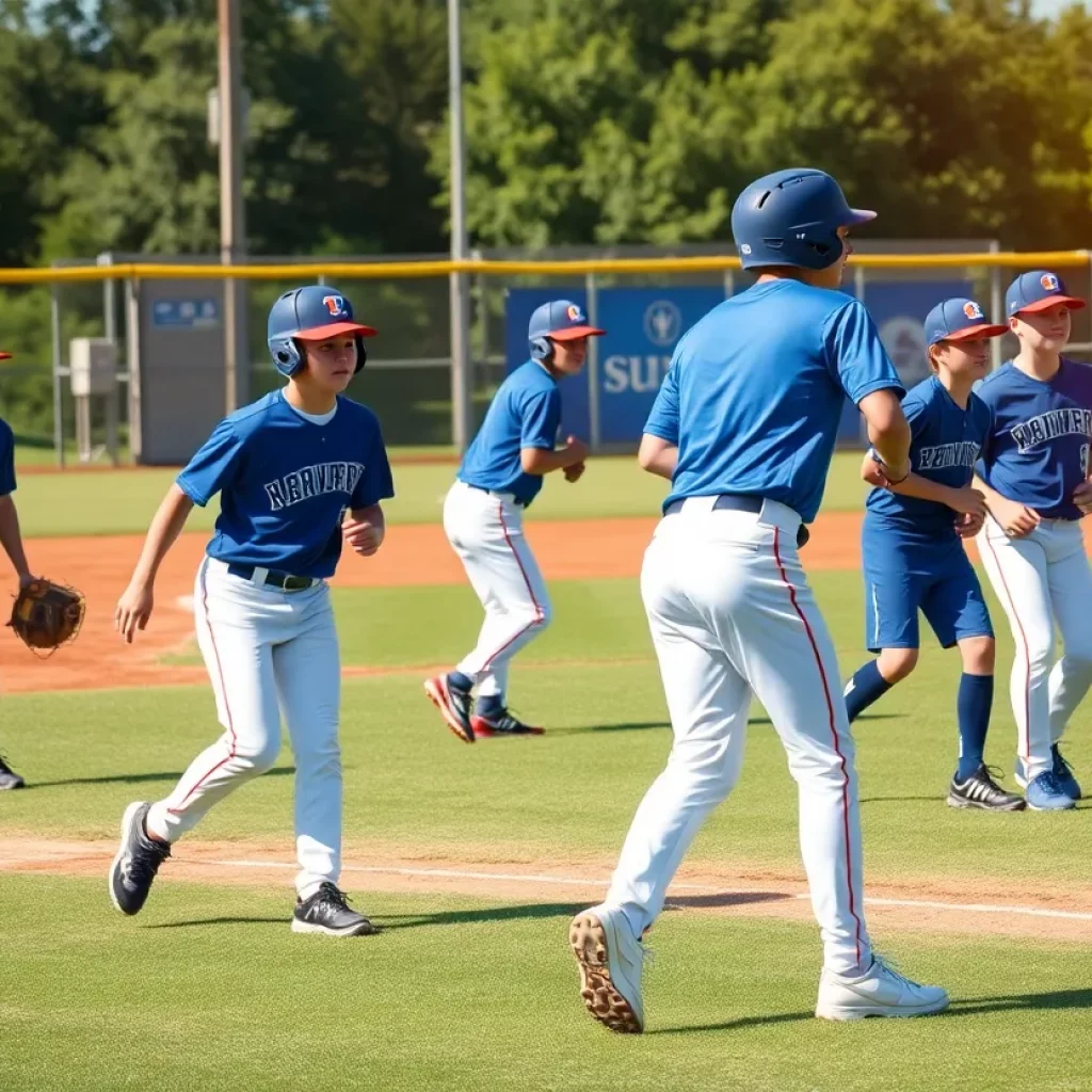High school baseball players on the field practicing their skills.