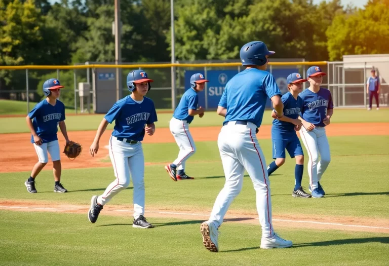 High school baseball players on the field practicing their skills.