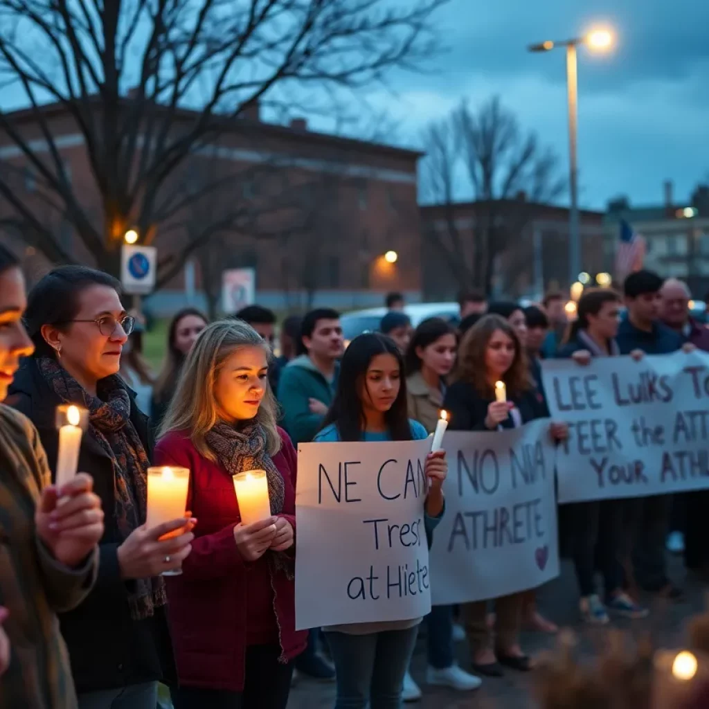 Community members gathering in support for a young athlete after a tragic shooting incident.