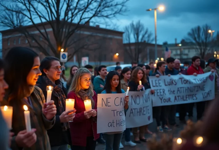 Community members gathering in support for a young athlete after a tragic shooting incident.