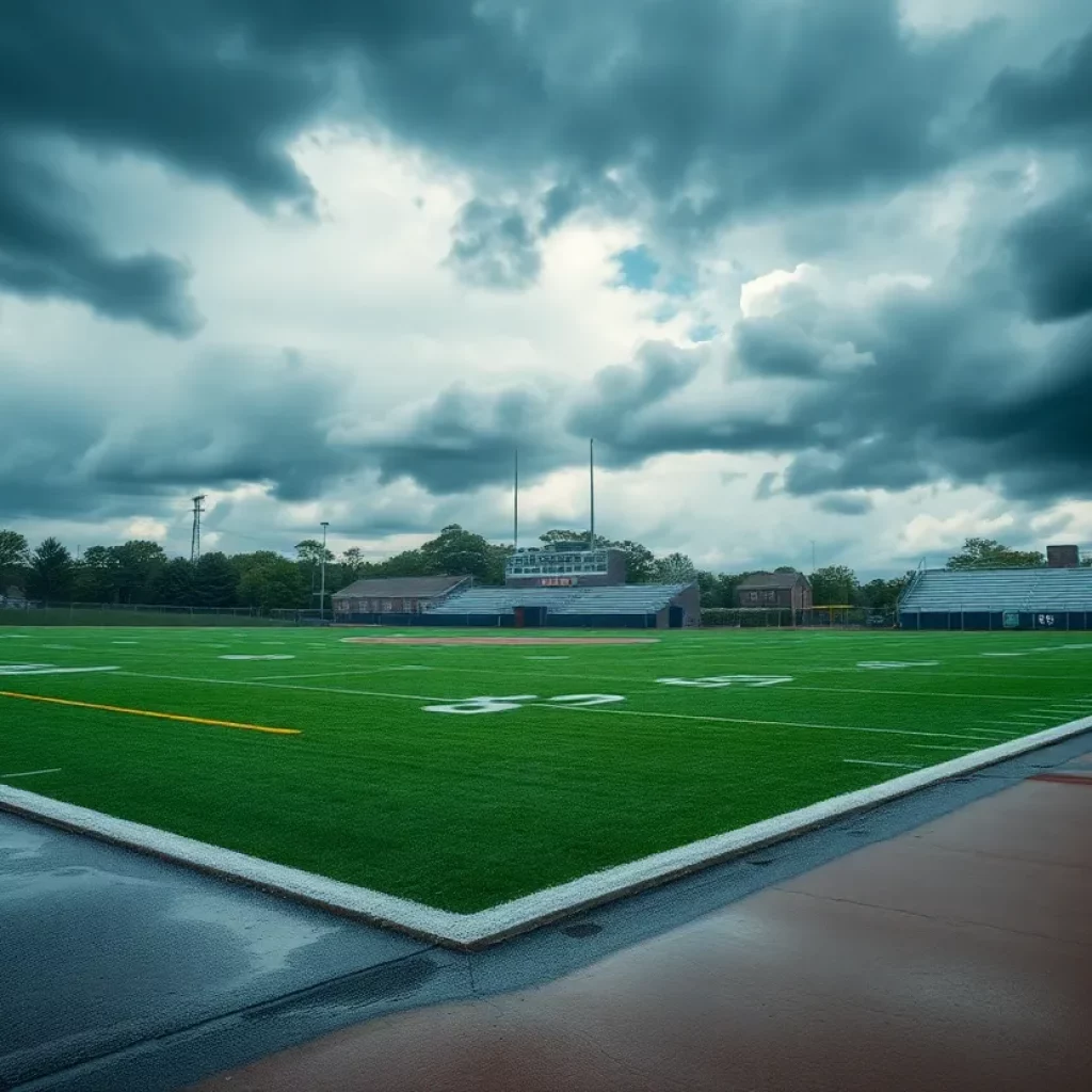 A wet sports field affected by severe weather during Alabama high school playoffs.
