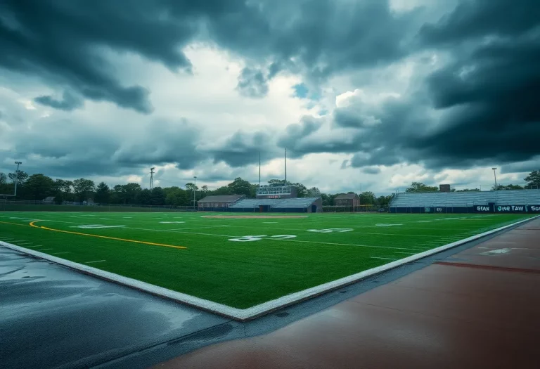 A wet sports field affected by severe weather during Alabama high school playoffs.