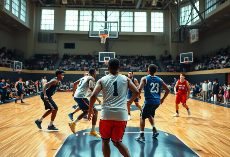 Basketball players in action during a competitive game representing local talent.