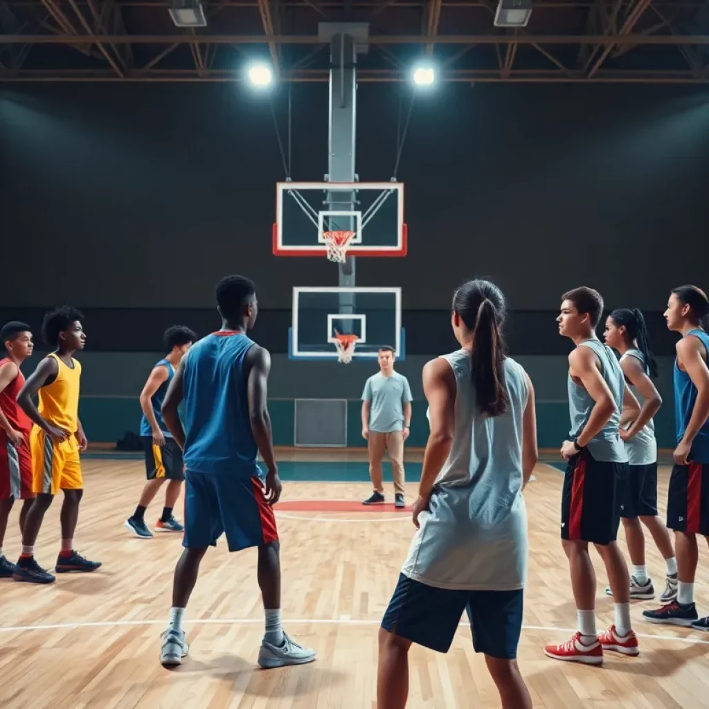 Young athletes practicing basketball on a court with a coach observing
