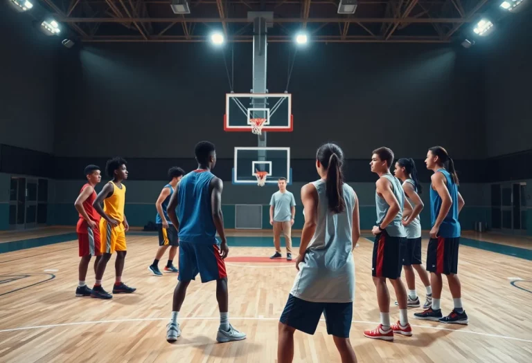 Young athletes practicing basketball on a court with a coach observing