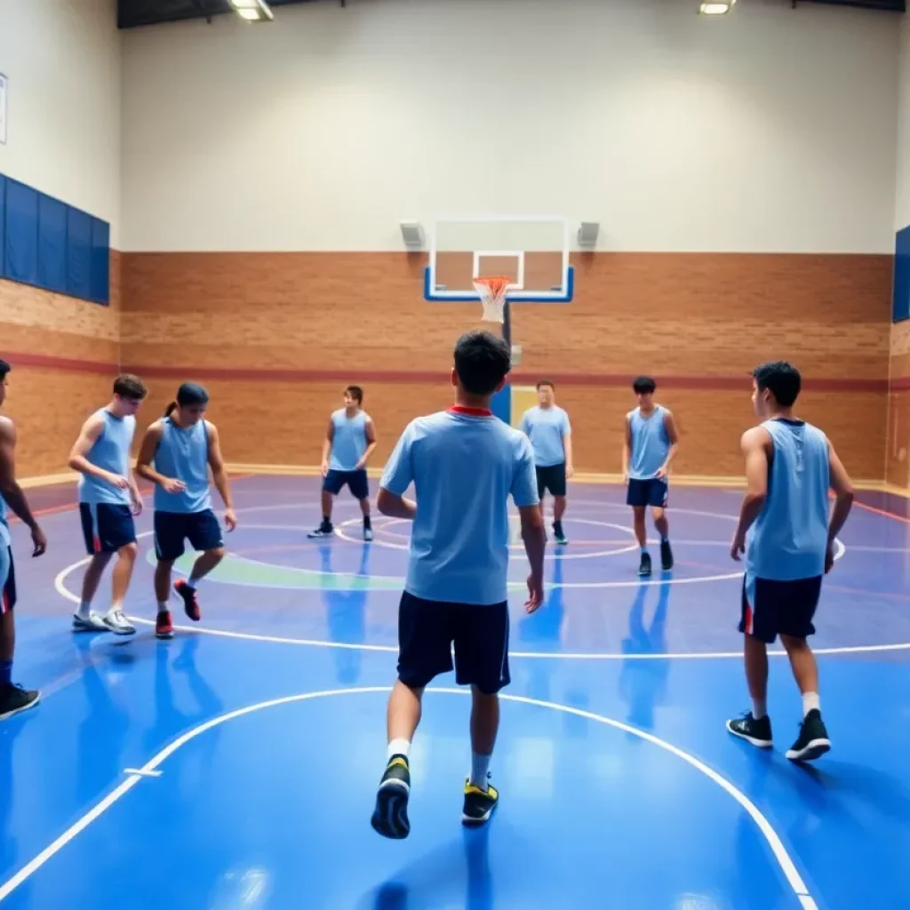 Sherwood High School boys basketball team practicing on the court