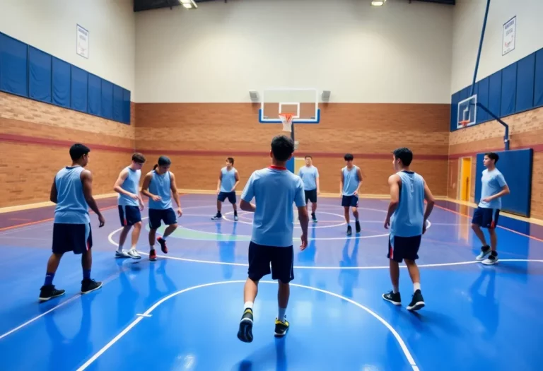 Sherwood High School boys basketball team practicing on the court