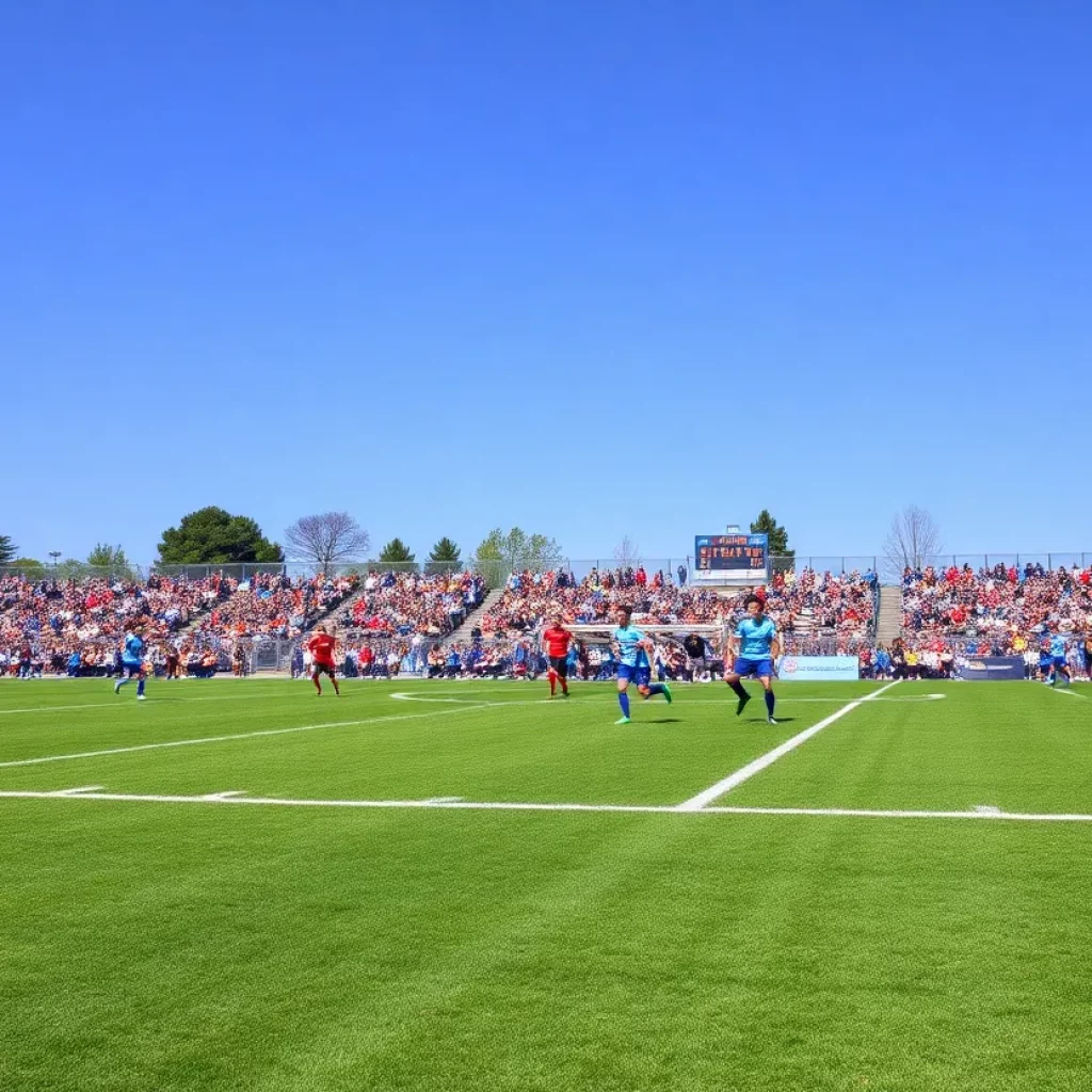 High school soccer teams in action during a match.