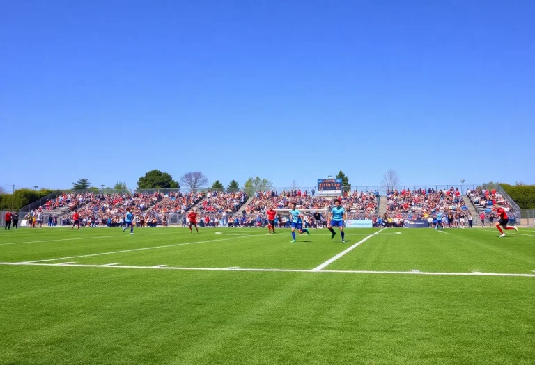 High school soccer teams in action during a match.