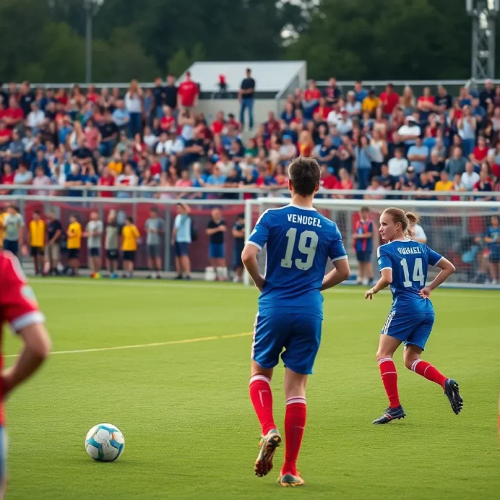 Soccer players competing in a match with fans cheering in the background