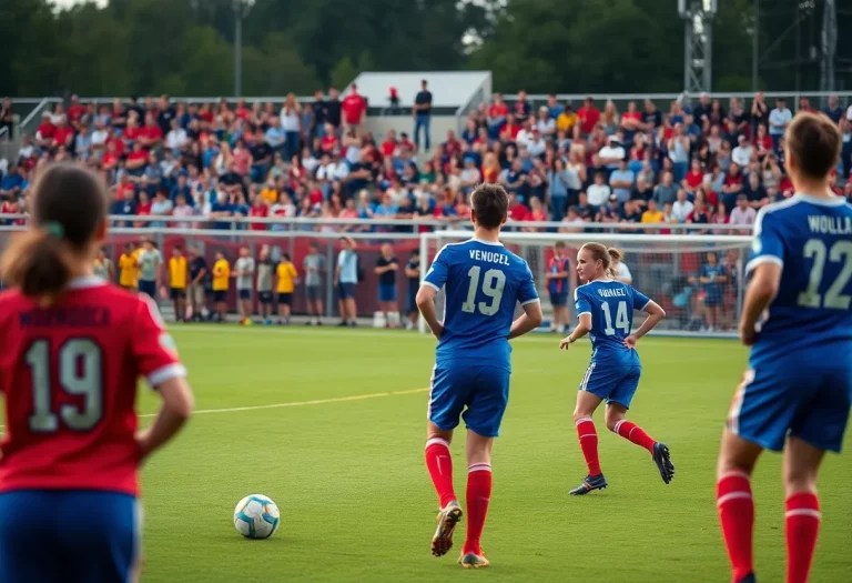 Soccer players competing in a match with fans cheering in the background
