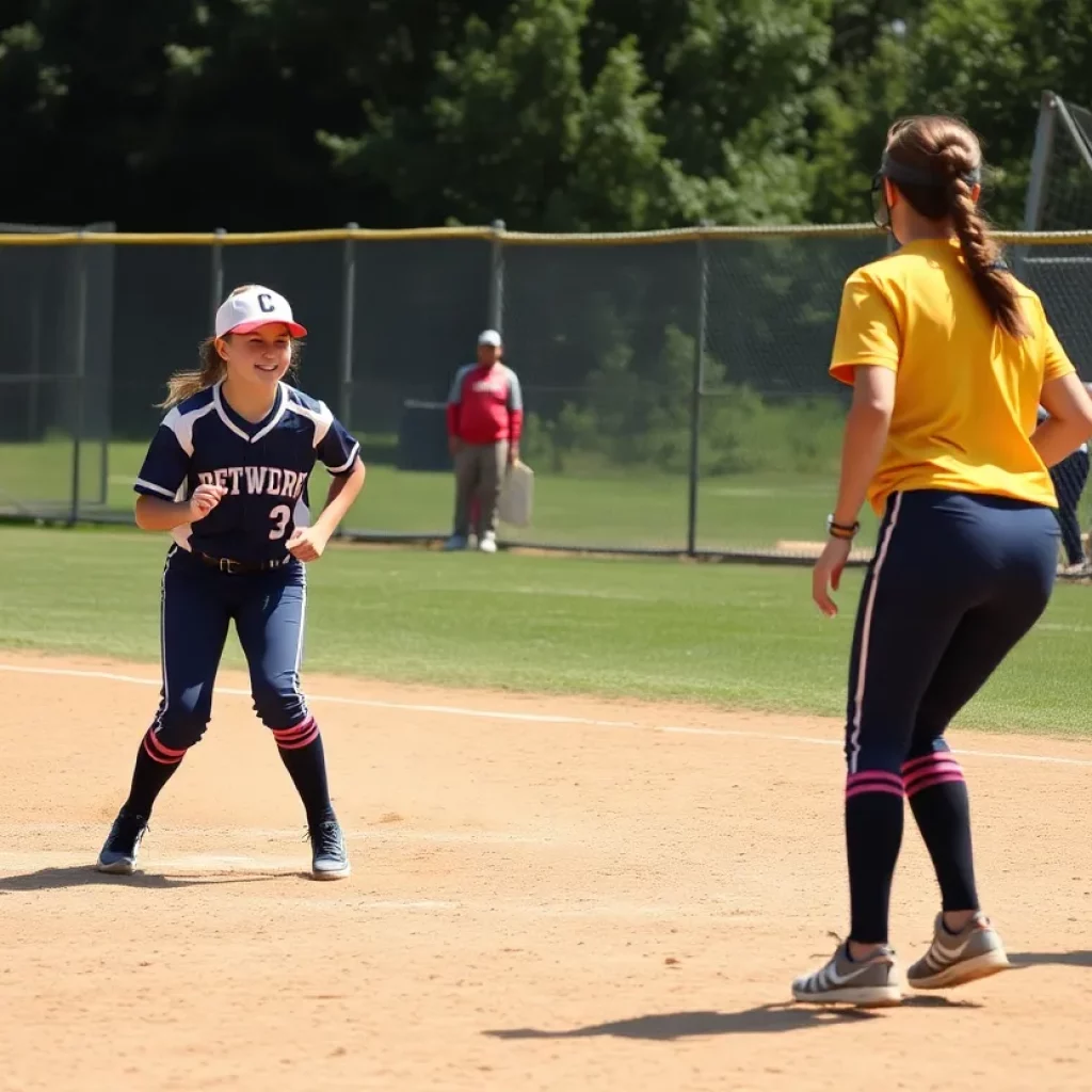 Young female athletes playing an exciting game of softball.