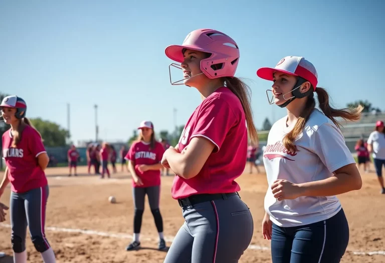 Softball coaches discussing strategies on the field