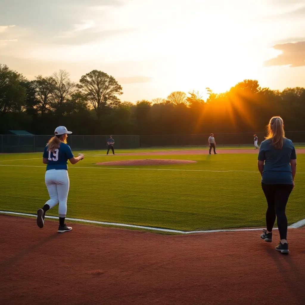 Softball players practicing on a field at sunset