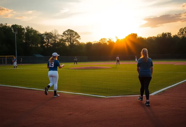 Softball players practicing on a field at sunset