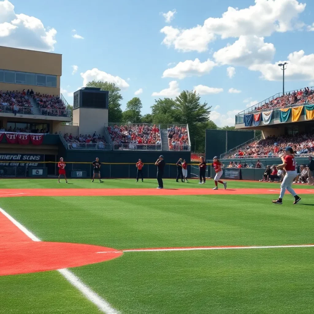 Softball players warming up on the field during playoffs