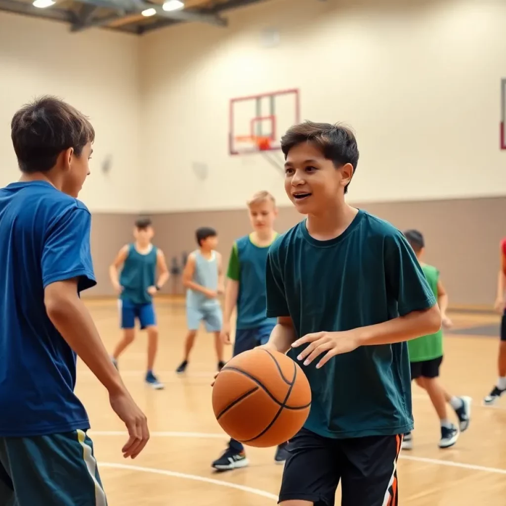 Young basketball players practicing teamwork on the court