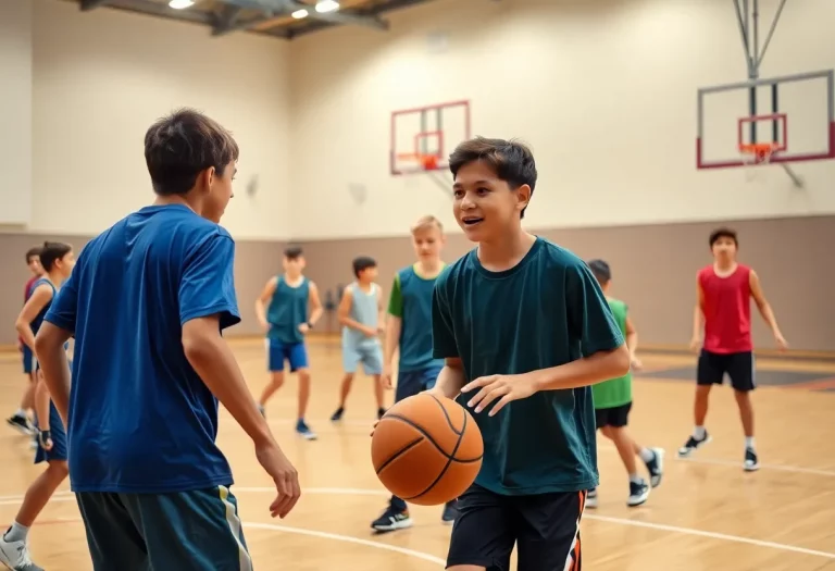 Young basketball players practicing teamwork on the court