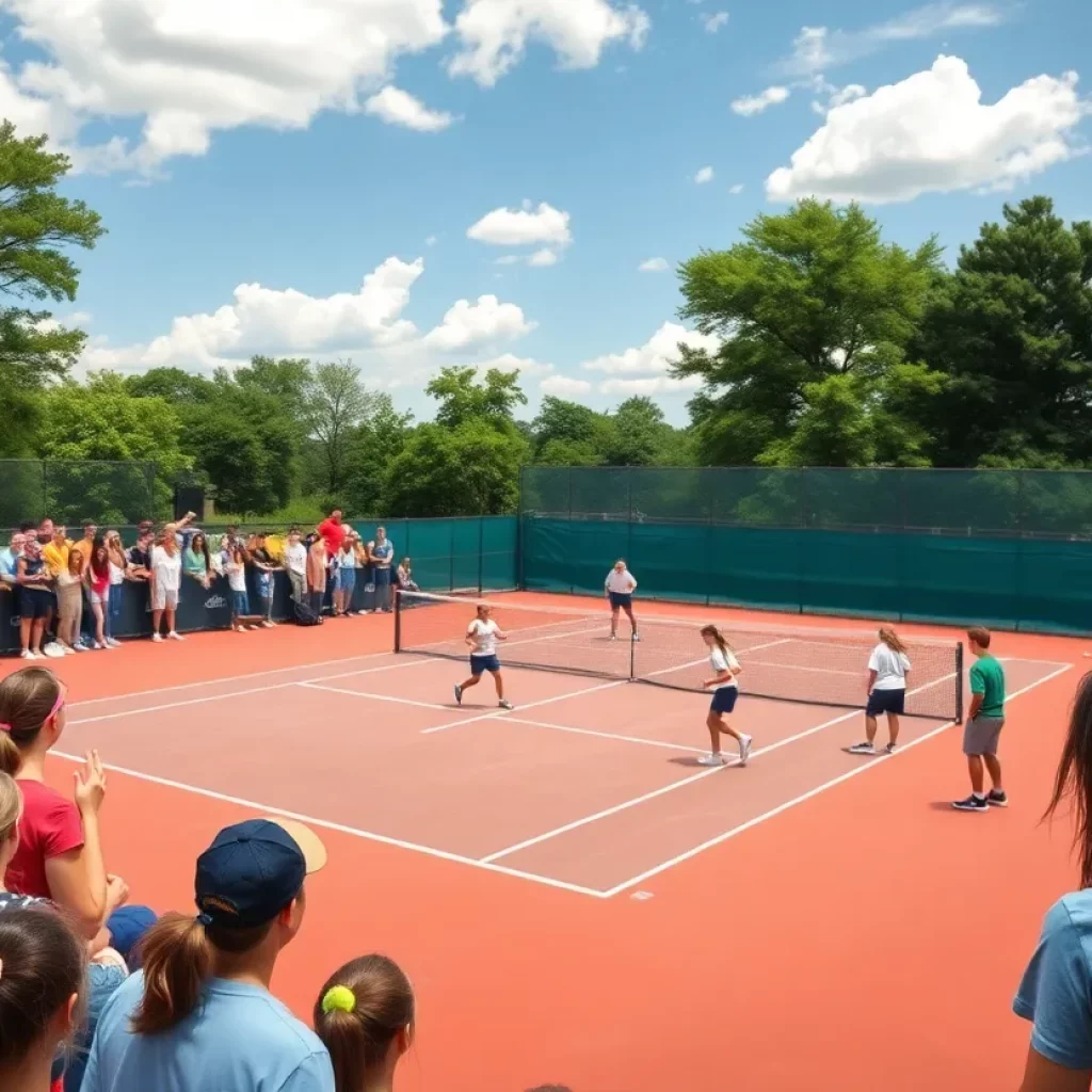 View of a high school boys tennis match during finals with cheering fans.
