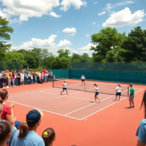 View of a high school boys tennis match during finals with cheering fans.