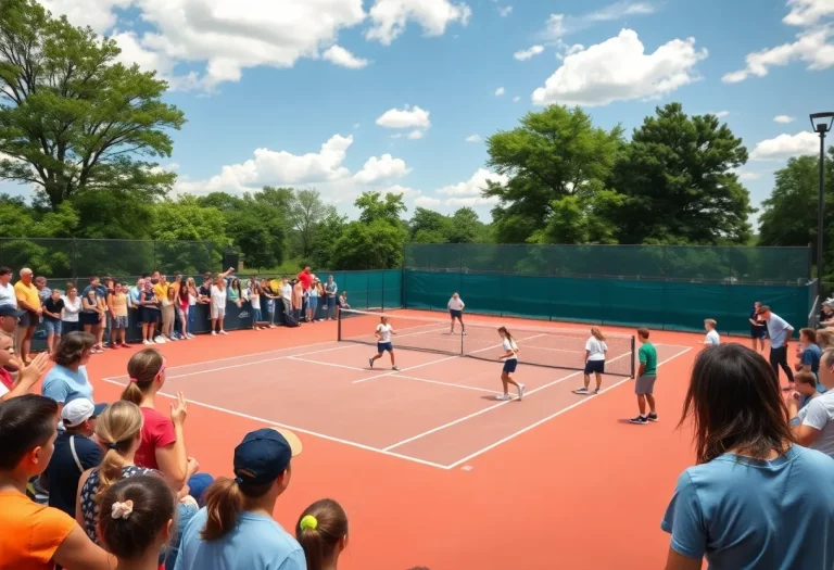 View of a high school boys tennis match during finals with cheering fans.