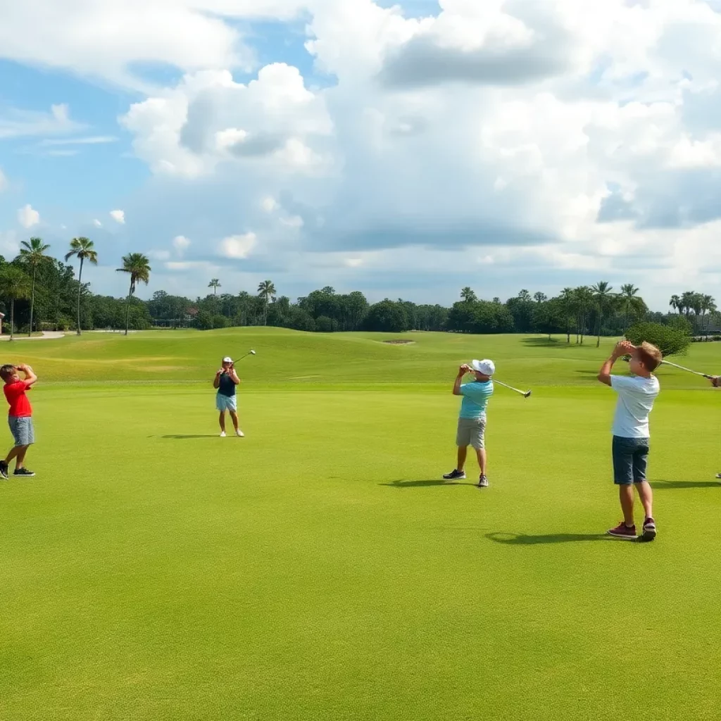 Young golfers practicing at the Palmetto Golf Club during the Southern Cross Golf Tournament.