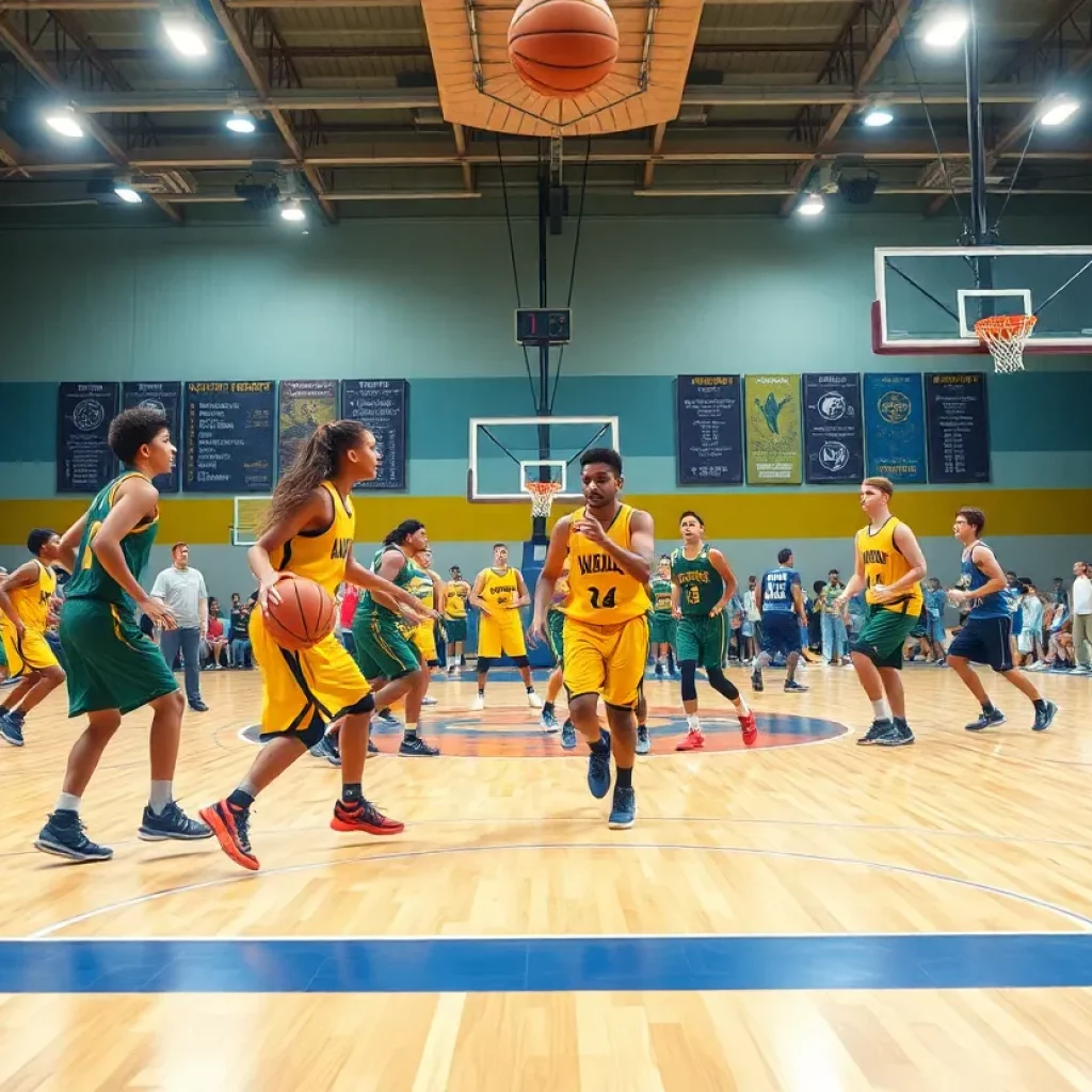 High school basketball players competing in a summer tournament