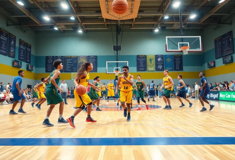 High school basketball players competing in a summer tournament