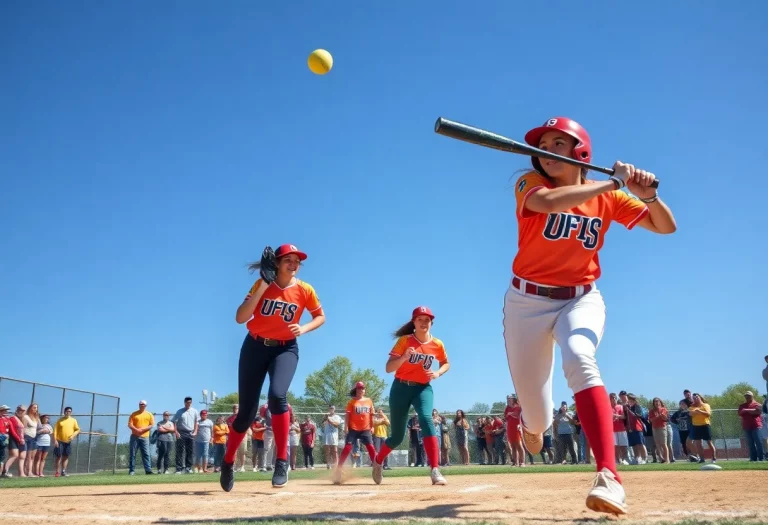 Action shot of a high school softball game in the Southland region