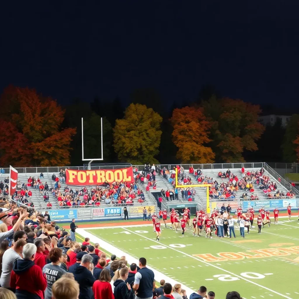 A bustling high school football stadium with enthusiastic fans during a game.