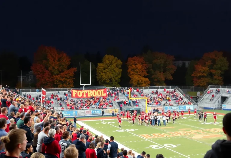 A bustling high school football stadium with enthusiastic fans during a game.