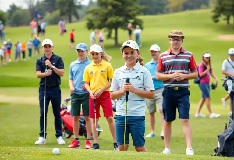 Young golfers participating in a tournament in Spokane with lush green course in the background.