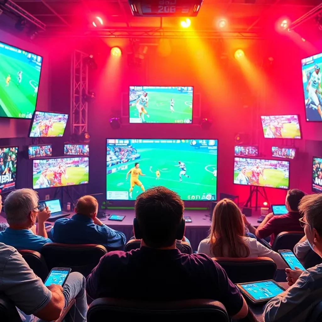 An illustration of sports broadcasting featuring streaming services and traditional media elements.