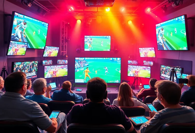 An illustration of sports broadcasting featuring streaming services and traditional media elements.