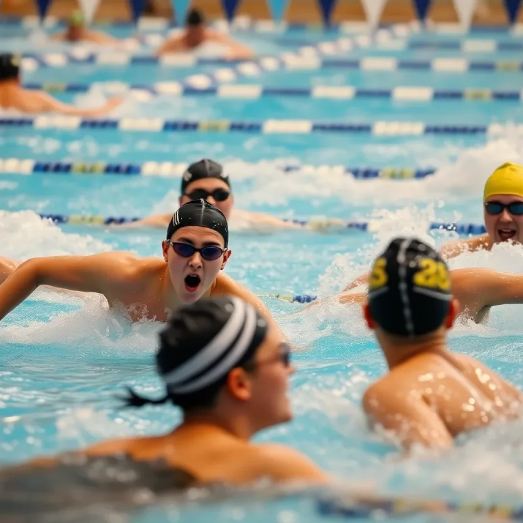 Swimmers competing at a high school state swimming championship.