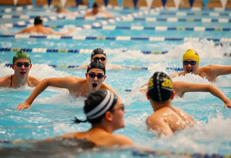 Swimmers competing at a high school state swimming championship.