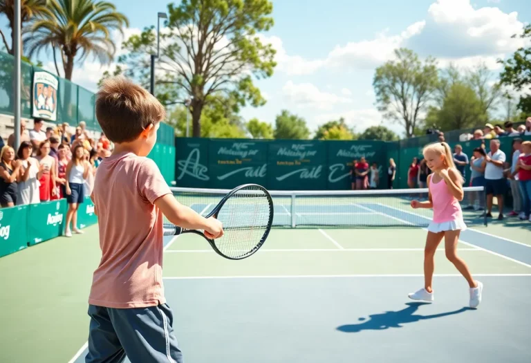 Boys and girls competing at a state tennis tournament with spectators cheering.