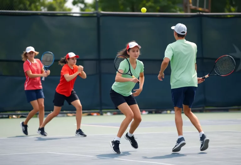 High school tennis players from Statesboro competing during playoff match.