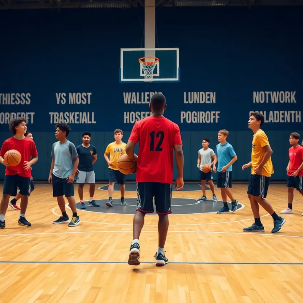 High school students practicing basketball on a court